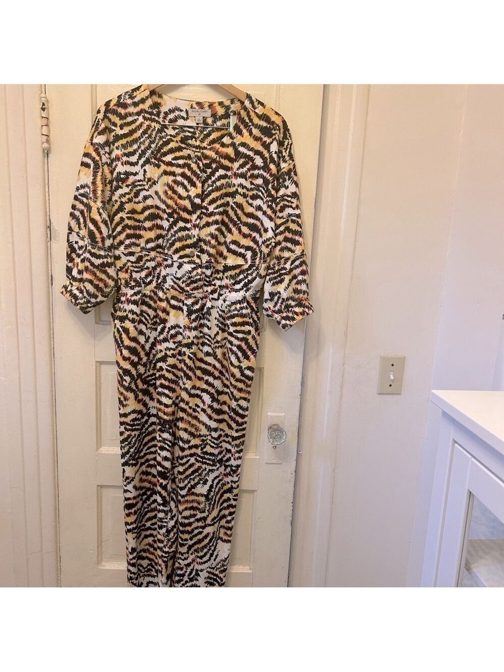 Rachel Comey Animal Print Jumpsuit Sz 8 Black Yellow Snap Closures Pockets